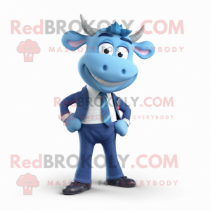 Blue Cow mascot costume character dressed with a Trousers and Pocket squares