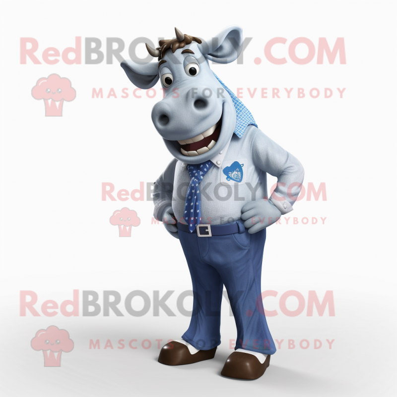 Blue Cow mascot costume character dressed with a Trousers and Pocket squares