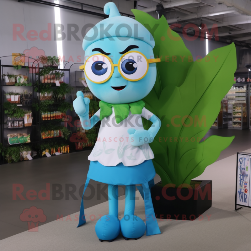 Sky Blue Beanstalk mascot costume character dressed with a Circle Skirt and Reading glasses Sky Blue Beanstalk mascot costume character dressed with a Circle Skirt and Reading glasses