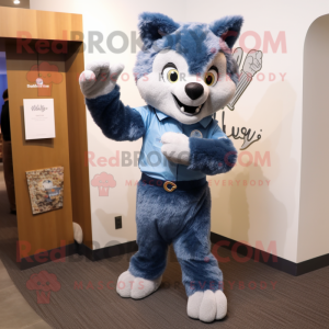 Blue Say Wolf mascot costume character dressed with a Blouse and Mittens