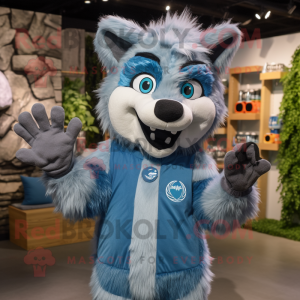 Blue Say Wolf mascot costume character dressed with a Blouse and Mittens