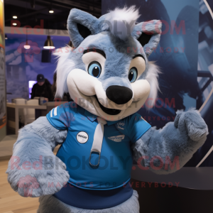 Blue Say Wolf mascot costume character dressed with a Blouse and Mittens