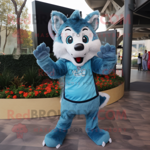 Blue Say Wolf mascot costume character dressed with a Blouse and Mittens