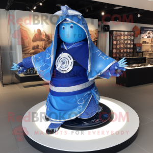 Blue Samurai mascot costume character dressed with a Circle Skirt and Shawl pins