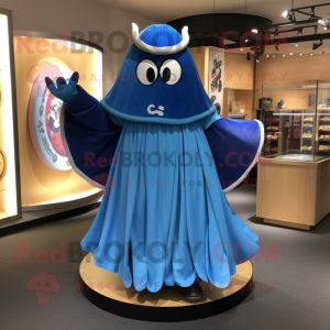 Blue Samurai mascot costume character dressed with a Circle Skirt and Shawl pins