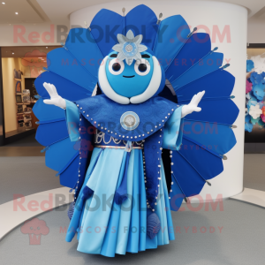 Blue Samurai mascot costume character dressed with a Circle Skirt and Shawl pins