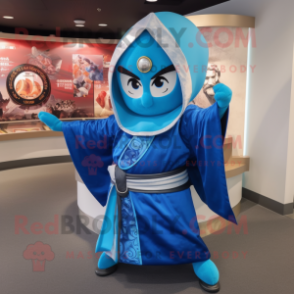 Blue Samurai mascot costume character dressed with a Circle Skirt and Shawl pins