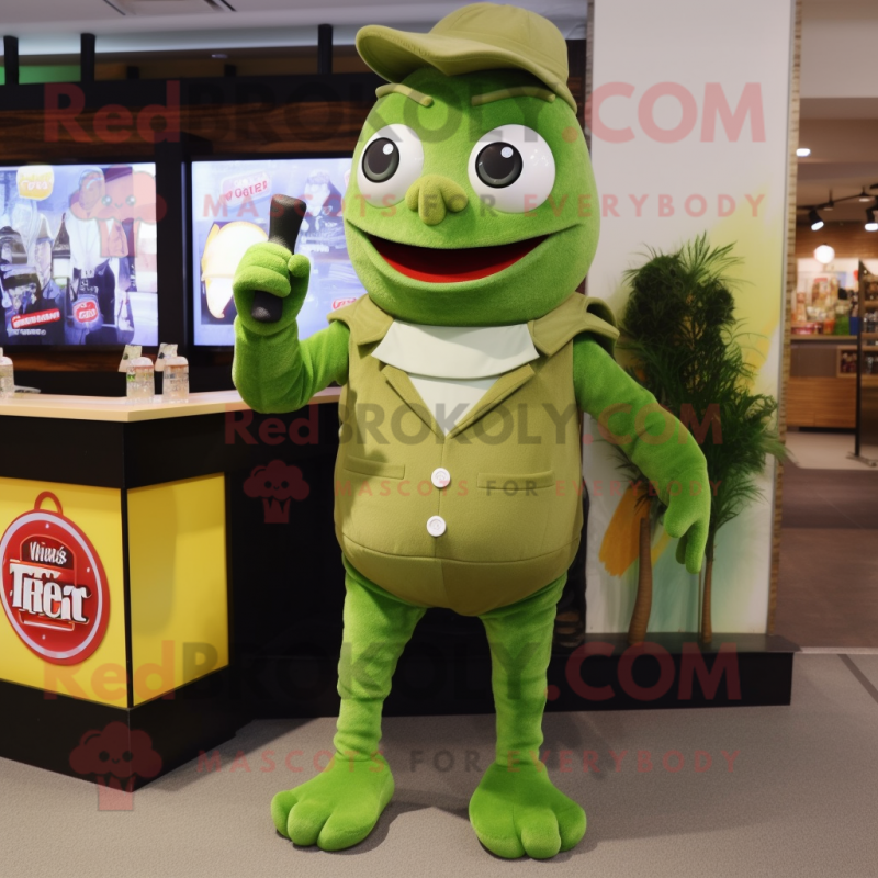 Olive Green Beer mascot costume character dressed with a Romper and Coin purses Olive Green Beer mascot costume character dressed with a Romper and Coin purses