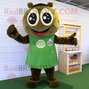 Olive Green Beer mascot costume character dressed with a Romper and Coin purses