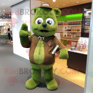 Olive Green Beer mascot costume character dressed with a Romper and Coin purses