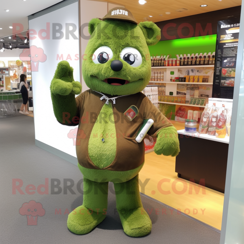 Olive Green Beer mascot costume character dressed with a Romper and Coin purses Olive Green Beer mascot costume character dressed with a Romper and Coin purses