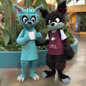 Teal Aye-Aye mascot costume character dressed with a Yoga Pants and Digital watches