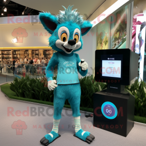 Teal Aye-Aye mascot costume character dressed with a Yoga Pants and Digital watches