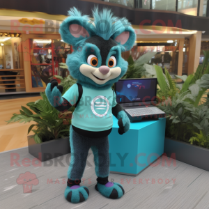 Teal Aye-Aye mascot costume character dressed with a Yoga Pants and Digital watches