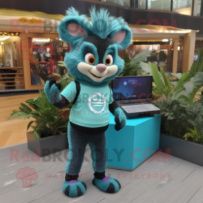 Teal Aye-Aye mascot costume character dressed with a Yoga Pants and Digital watches