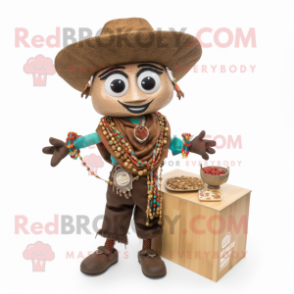 Brown Fajitas mascot costume character dressed with a Romper and Necklaces
