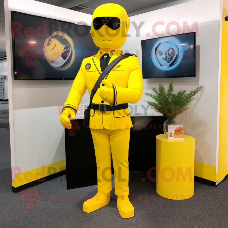 Lemon Yellow Gi Joe mascot costume character dressed with a Suit Jacket and Hair clips