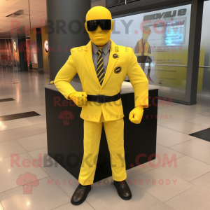 Lemon Yellow Gi Joe mascot costume character dressed with a Suit Jacket and Hair clips