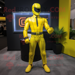 Lemon Yellow Gi Joe mascot costume character dressed with a Suit Jacket and Hair clips