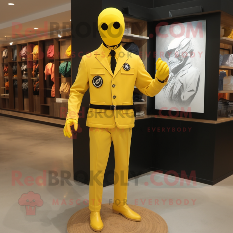 Lemon Yellow Gi Joe mascot costume character dressed with a Suit Jacket and Hair clips