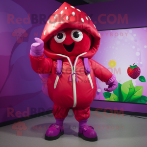 Magenta Strawberry mascot costume character dressed with a Windbreaker and Clutch bags