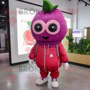 Magenta Strawberry mascot costume character dressed with a Windbreaker and Clutch bags
