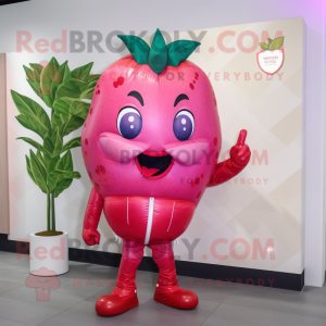 Magenta Strawberry mascot costume character dressed with a Windbreaker and Clutch bags