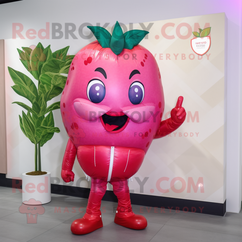 Magenta Strawberry mascot costume character dressed with a Windbreaker and Clutch bags Magenta Strawberry mascot costume character dressed with a Windbreaker and Clutch bags