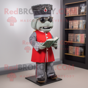 Gray British Royal Guard mascot costume character dressed with a Dress Shirt and Reading glasses