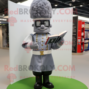 Gray British Royal Guard mascot costume character dressed with a Dress Shirt and Reading glasses