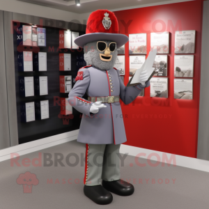 Gray British Royal Guard mascot costume character dressed with a Dress Shirt and Reading glasses