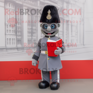 Gray British Royal Guard mascot costume character dressed with a Dress Shirt and Reading glasses
