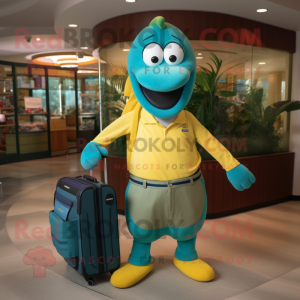 Teal Banana mascot costume character dressed with a Polo Shirt and Briefcases