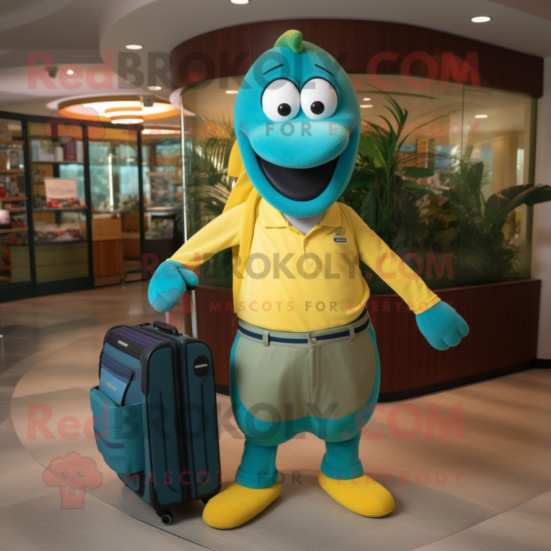 Teal Banana mascot costume character dressed with a Polo Shirt and Briefcases Teal Banana mascot costume character dressed with a Polo Shirt and Briefcases