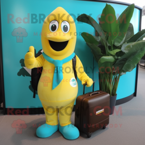 Teal Banana mascot costume character dressed with a Polo Shirt and Briefcases