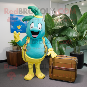 Teal Banana mascot costume character dressed with a Polo Shirt and Briefcases