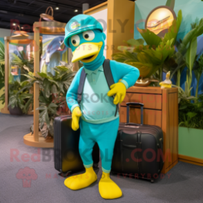 Teal Banana mascot costume character dressed with a Polo Shirt and Briefcases