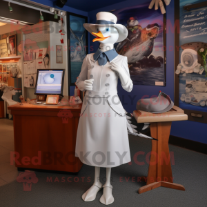 Silver Gull mascot costume character dressed with a Pencil Skirt and Hat pins