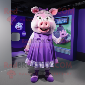 Purple Pig mascot costume character dressed with a Dress and Shoe clips