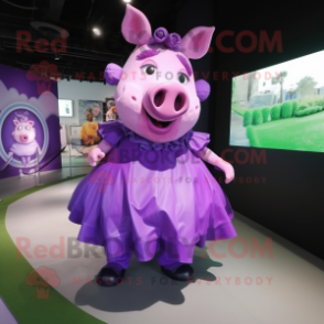 Purple Pig mascot costume character dressed with a Dress and Shoe clips