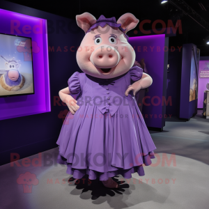 Purple Pig mascot costume character dressed with a Dress and Shoe clips