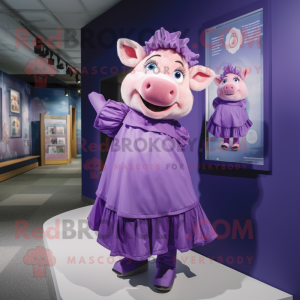 Purple Pig mascot costume character dressed with a Dress and Shoe clips