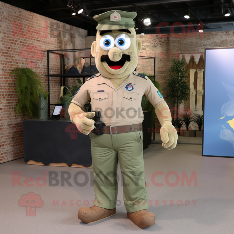 Beige Green Beret mascot costume character dressed with a Denim Shirt and Foot pads