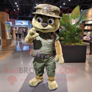 Beige Green Beret mascot costume character dressed with a Denim Shirt and Foot pads
