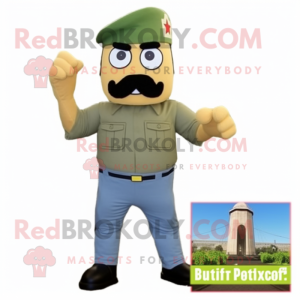 Beige Green Beret mascot costume character dressed with a Denim Shirt and Foot pads