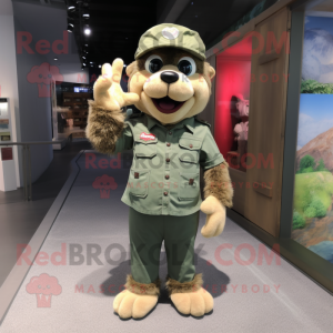 Beige Green Beret mascot costume character dressed with a Denim Shirt and Foot pads