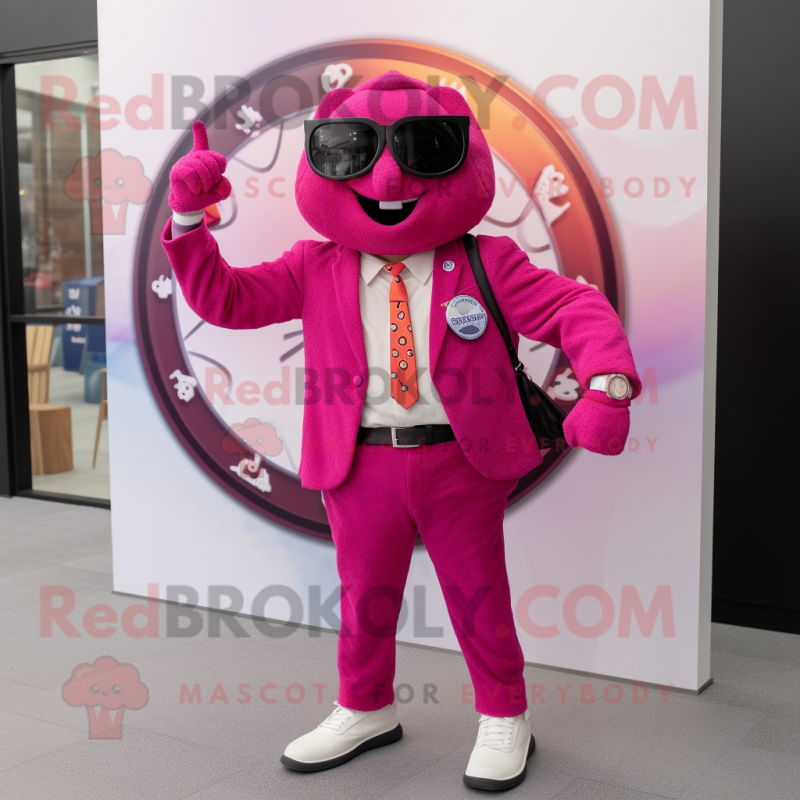 Magenta Pizza mascot costume character dressed with a Blazer and Digital watches Magenta Pizza mascot costume character dressed with a Blazer and Digital watches