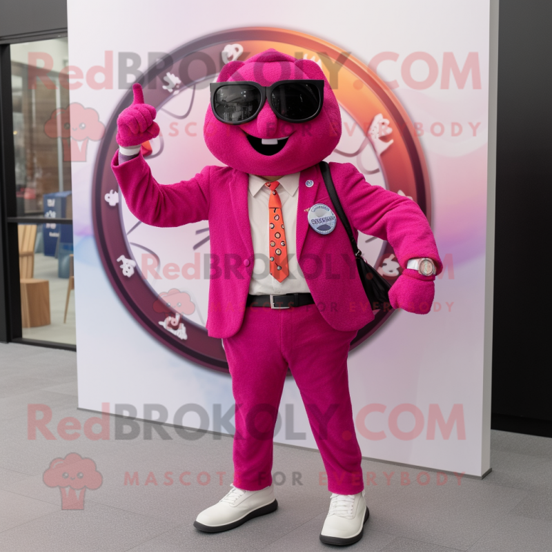 Magenta Pizza mascot costume character dressed with a Blazer and Digital watches