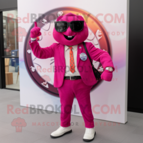 Magenta Pizza mascot costume character dressed with a Blazer and Digital watches