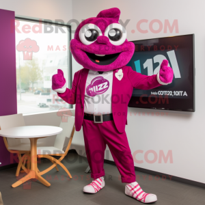 Magenta Pizza mascot costume character dressed with a Blazer and Digital watches